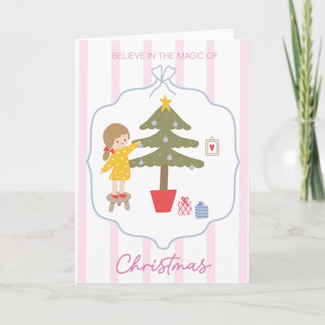 Tarjeta Navidades nostálgicos decorando la cosecha de árbo (Anverso)