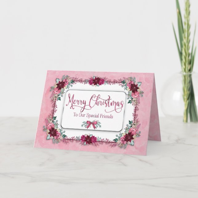 Tarjeta Navidades Nuestros amigos Flor rosa borgoña (Anverso)