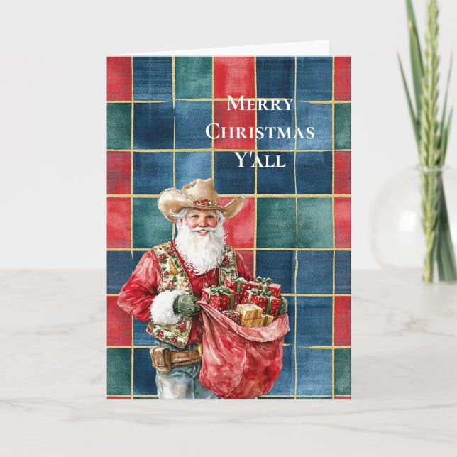 Tarjeta Navidades occidentales Red Blue Green Cowboy Santa (Anverso)