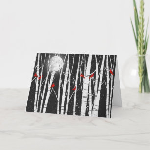 Tarjeta Navidades Pájaros cardenales en árboles bircos