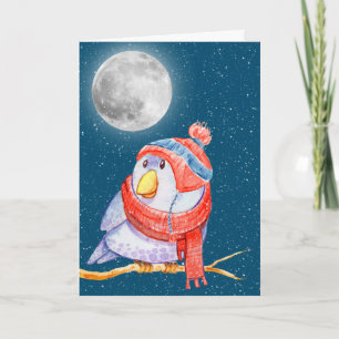 Tarjeta Navidades pájaros y luna con copos de nieve