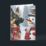 Tarjeta Navidades Pastor Alemán Con Hombre De Nieve<br><div class="desc">Un pastor alemán vestido con una bufanda roja y blanca se para al lado de un muñeco de nieve y un sombrero de punta en medio de un paisaje nevado.</div>