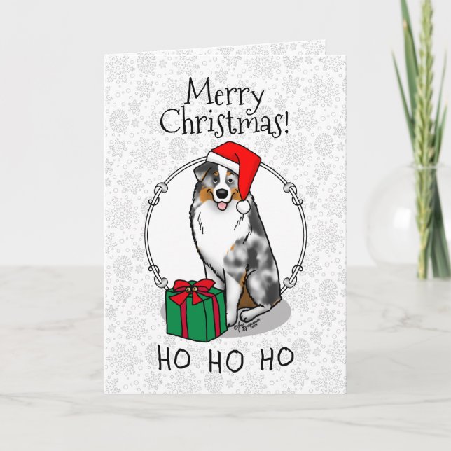 Tarjeta Navidades Pastor Australiano (azul merle tan/w 1) (Anverso)
