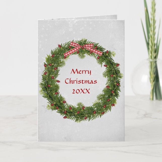 Tarjeta Navidades Pine Wreath con Red Gingham Bow (Anverso)