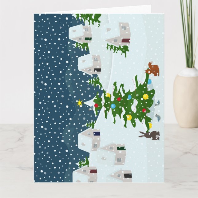 Tarjeta Navidades pueblo de nieve con árbol de navidad y a (Anverso)