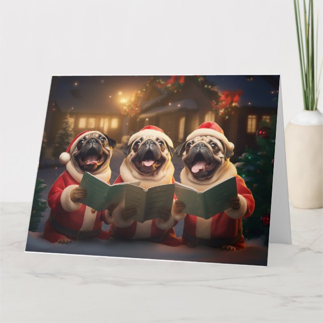 Tarjeta Navidades Pug Carolers en vacaciones divertidas (Anverso)