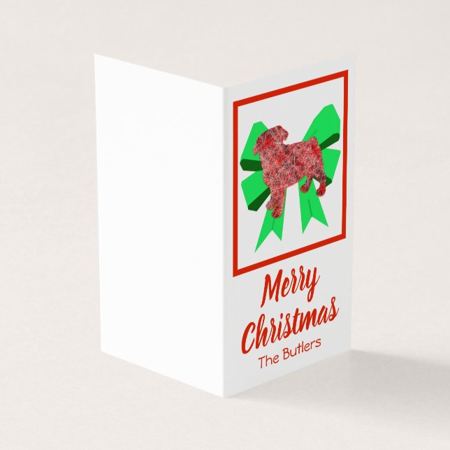 Tarjeta Navidades Pug Perro y regalo Green Bow (Exterior)