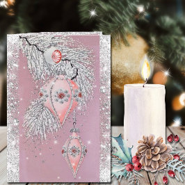 Tarjeta Navidades Purpurina Plata con ornamentos rosados v