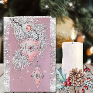 Tarjeta Navidades Purpurina Plata con ornamentos rosados v