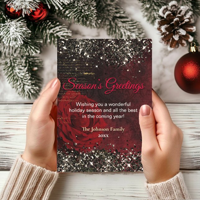 Tarjeta Navidades purpurinas de oro rojo moda saludo de añ (Subido por el creador)