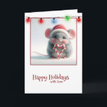 Tarjeta Navidades Ratón Con Corazón De Candy Cane<br><div class="desc">Un adorable y esponjoso ratón con un sombrero de Santa sostiene dos bastones con forma de corazón en un fondo neutro. Se puede cambiar el texto.</div>