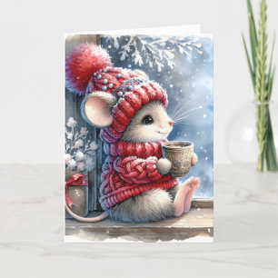Tarjeta Navidades Ratón En La Ventana Con Cacao Caliente