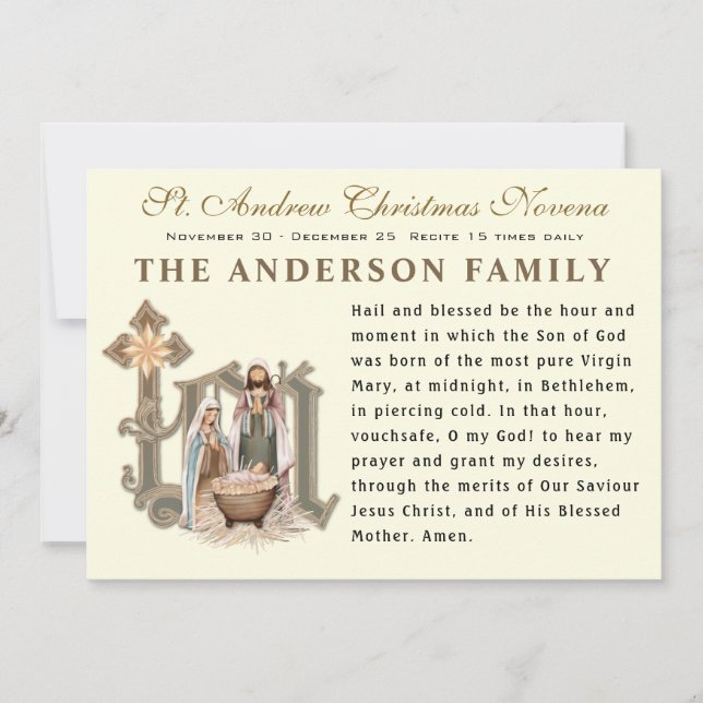 Tarjeta Navidades religiosos de San Andrés Novena Prayer (Anverso)