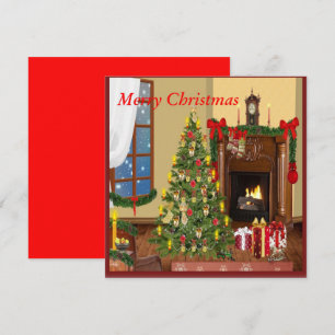 Tarjeta Navidades retro con regalos de árbol en chimenea