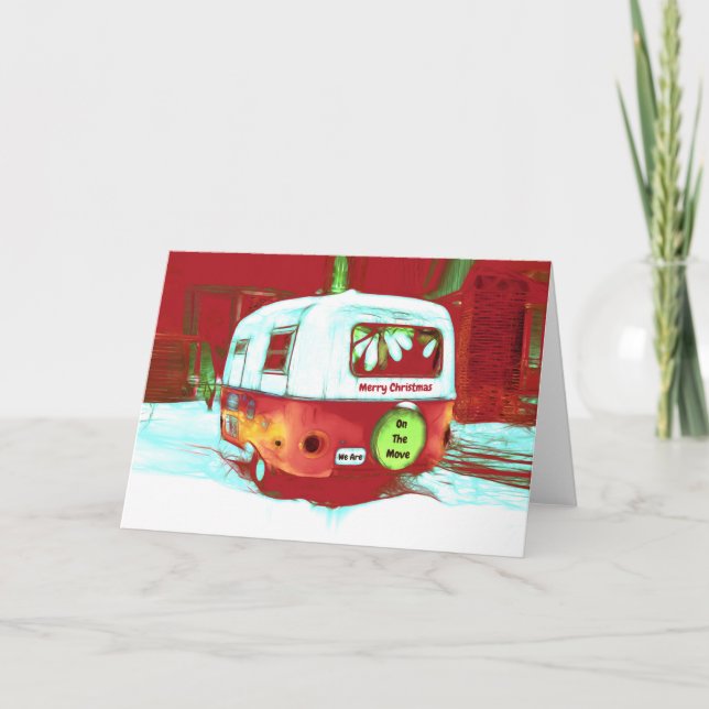 Tarjeta Navidades retro del camper rojo ventilado verde en (Anverso)
