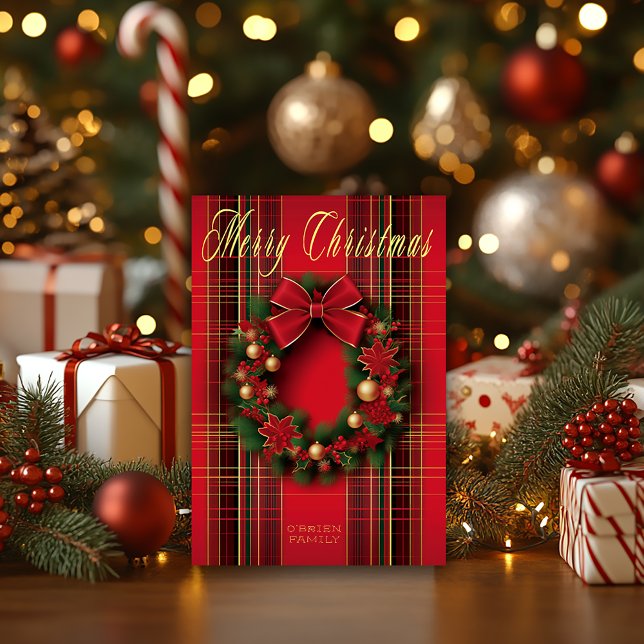 Tarjeta Navidades rojos clásicos de plástico rojo con corr (Beautiful Classic Red Christmas Wreath Tartan Christmas Greeting Card )