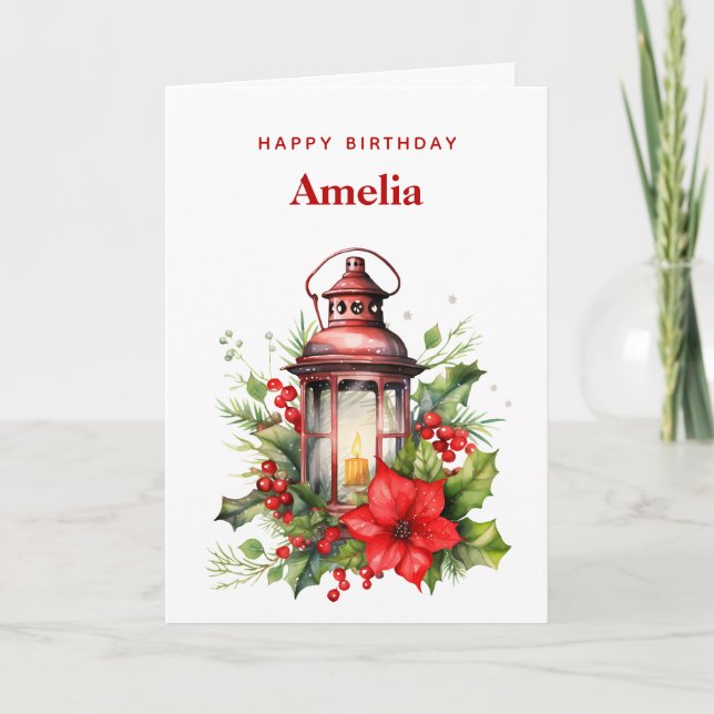 Tarjeta Navidades rojos Lantern Poinsettia y cumpleaños Pi (Anverso)