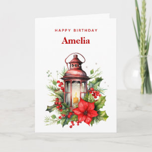Tarjeta Navidades rojos Lantern Poinsettia y cumpleaños Pi