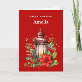 Tarjeta Navidades rojos Lantern Poinsettia y cumpleaños Pi