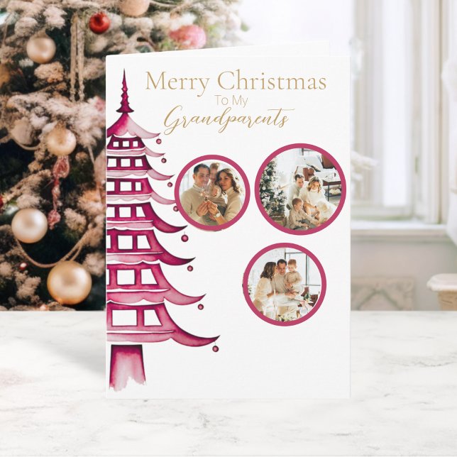 Tarjeta Navidades rojos Pagoda Tree Grandparent 3-Photo (Red Christmas Pagoda Tree Grandparent 3-Photo Card)