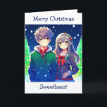 Tarjeta Navidades románticos de Anime Couple<br><div class="desc">tarjeta de navidades con una pareja de anime adorable con un fondo de pino nevado.</div>