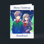 Tarjeta Navidades románticos de Anime Couple<br><div class="desc">tarjeta de navidades con una pareja de anime adorable con un fondo de pino nevado.</div>