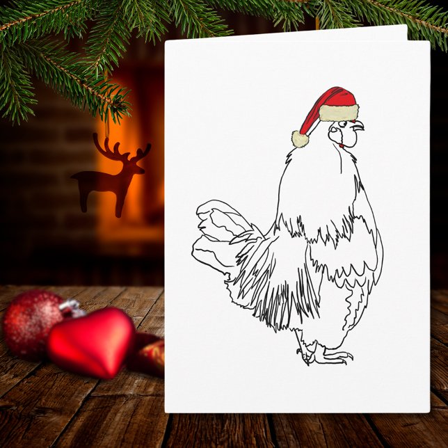 Tarjeta Navidades Rooster Dibujando divertida obra de Sant (Christmas rooster wearing a Santa hat simple chicken drawing holiday greetings card)