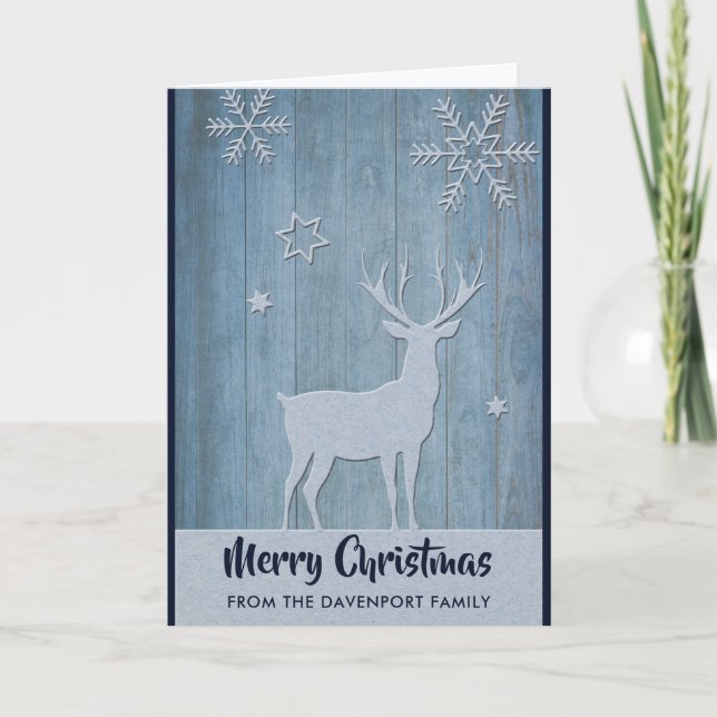 Tarjeta Navidades Rústicos De Los Renos Azules De Madera (Anverso)
