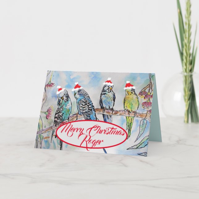 Tarjeta Navidades Santa Budgies Budgie Funny Bird Card (Anverso)