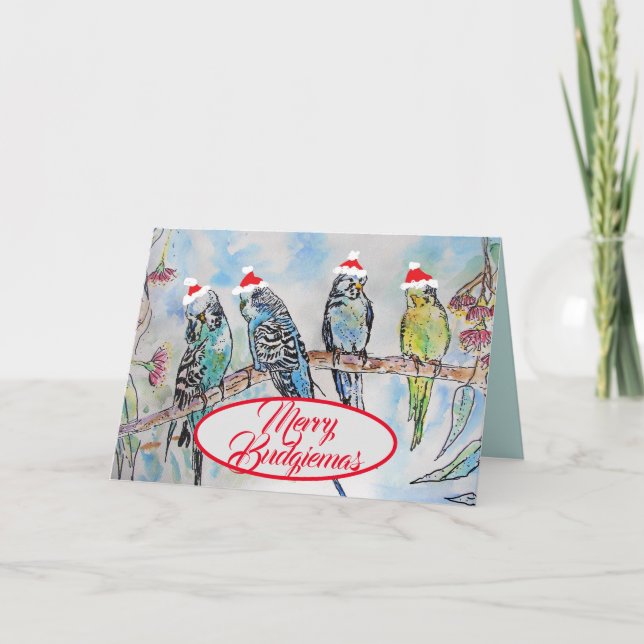 Tarjeta Navidades Santa Budgies Budgie Funny Bird Card (Anverso)