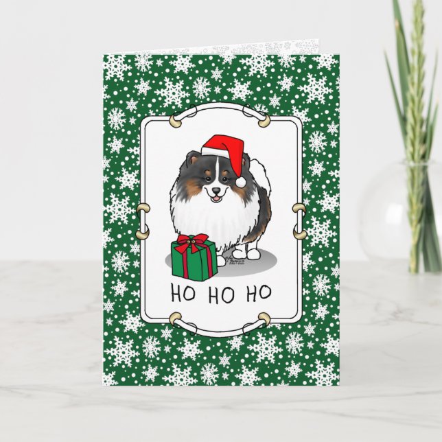 Tarjeta Navidades Santa Hat Pomeranian (tricolor) Cute (Anverso)