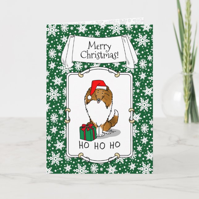 Tarjeta Navidades Santa Hat Shetland Sheepdog (estable) Cu (Anverso)