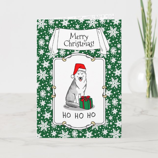 Tarjeta Navidades Santa Hat Siberian Husky (plata) Cute (Anverso)