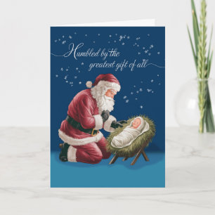 Tarjeta Navidades Santa Kneeling frente al Niño Jesús