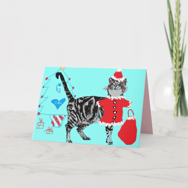 Tarjeta Navidades Santa Paws Stripy Tabby Cat Card Aqua (Anverso)
