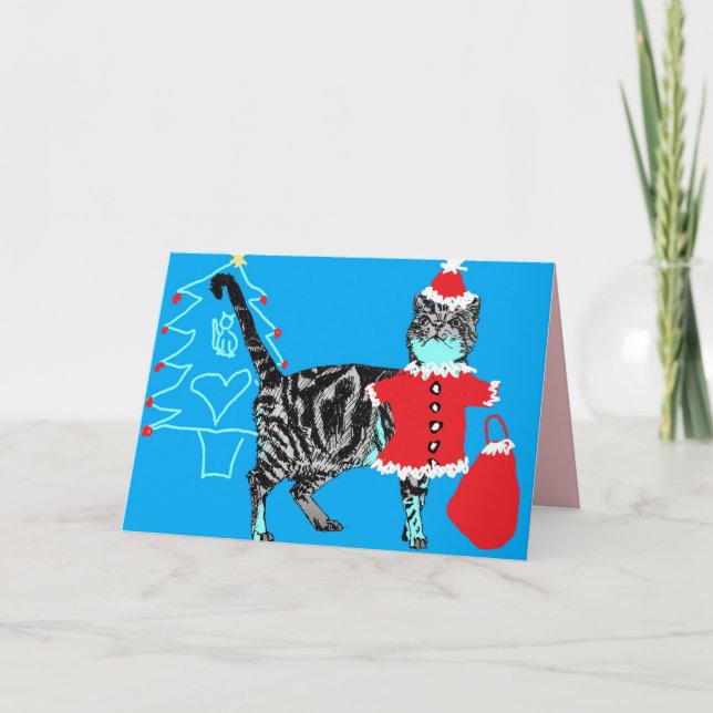 Tarjeta Navidades Santa Paws Stripy Tabby Cat Card Blue (Anverso)