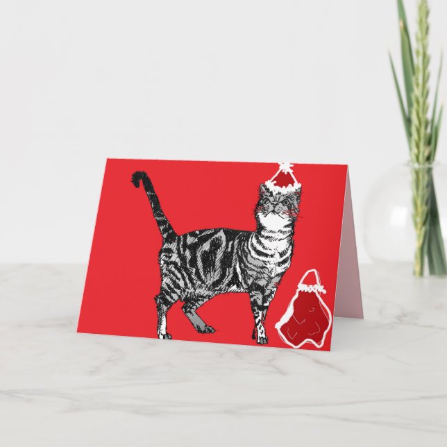 Tarjeta Navidades Santa Paws Stripy Tabby Cat Card Red (Anverso)