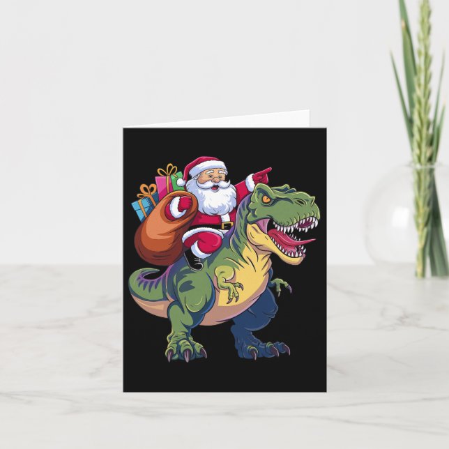 Tarjeta Navidades Santa Riding Dinosaur T-rex Niños a (Anverso)