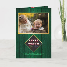Tarjeta Navidades Santa Watch Barn Wood Fun foto familiar