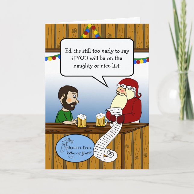Tarjeta Navidades Santa y Guy en el bar Goover List (Anverso)
