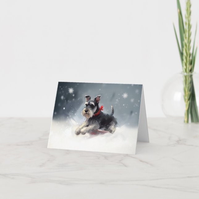 Tarjeta Navidades Schnauzer en miniatura en invierno (Anverso)