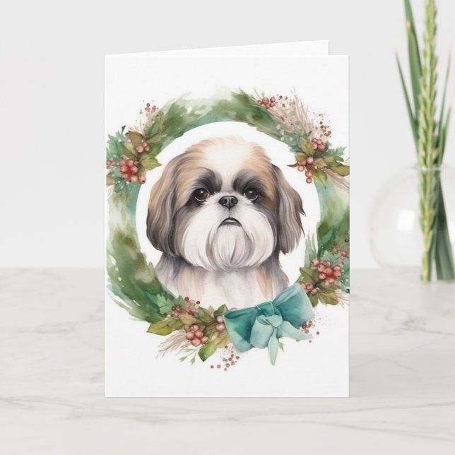 Tarjeta Navidades Shih Tzu abuchean presentación festiva (Anverso)