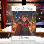 Tarjeta Navidades sin impresionar | Noche de invierno<br><div class="desc">Bonito chica afuera con tarjeta de Navidades nocturnos.</div>