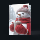 Tarjeta Navidades Snowman con chocolate caliente<br><div class="desc">Un muñeco de nieve alegre vestido con un gorra rojo,  bufanda y mitones sostiene una taza humeante de chocolate caliente coronada con malvaviscos. Se puede cambiar el texto.</div>