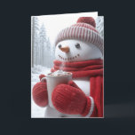 Tarjeta Navidades Snowman con chocolate caliente<br><div class="desc">Un muñeco de nieve alegre vestido con un gorra rojo,  bufanda y mitones sostiene una taza humeante de chocolate caliente coronada con malvaviscos. Se puede cambiar el texto.</div>