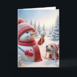 Tarjeta Navidades Snowman con cono de helado<br><div class="desc">Un muñeco de nieve alegre con un gorra rojo y una bufanda sostiene un cono de helado con un perro mirando sentado en una nieve profunda. Se puede cambiar el texto.</div>