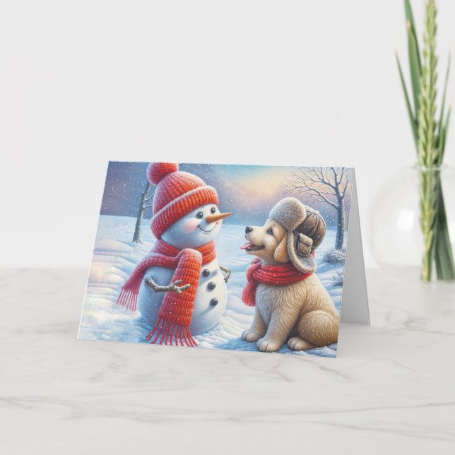 Tarjeta Navidades Snowman con perro (Anverso)