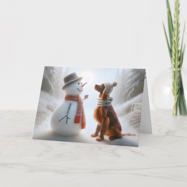 Tarjeta Navidades Snowman con un perro guardián irlandés (Anverso)