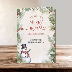 Tarjeta Navidades Snowman Holly Fir y la familia de la esc
