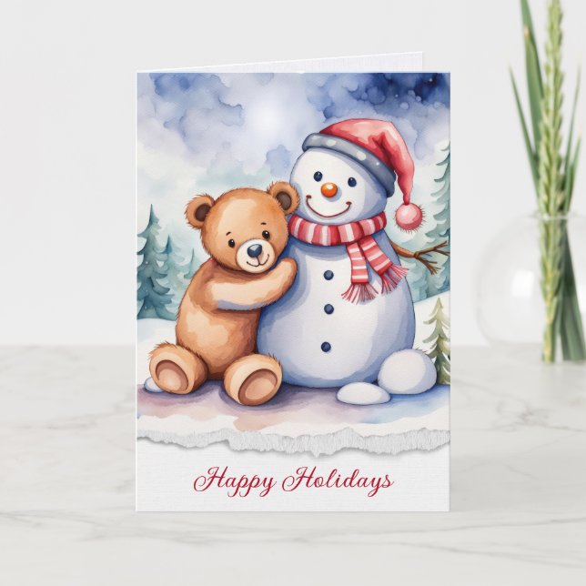 Tarjeta Navidades Snowman y Teddy Bear (Anverso)